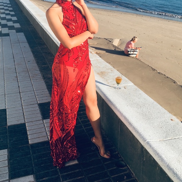 Cherry Red Halter Gown - Picture 2 of 10